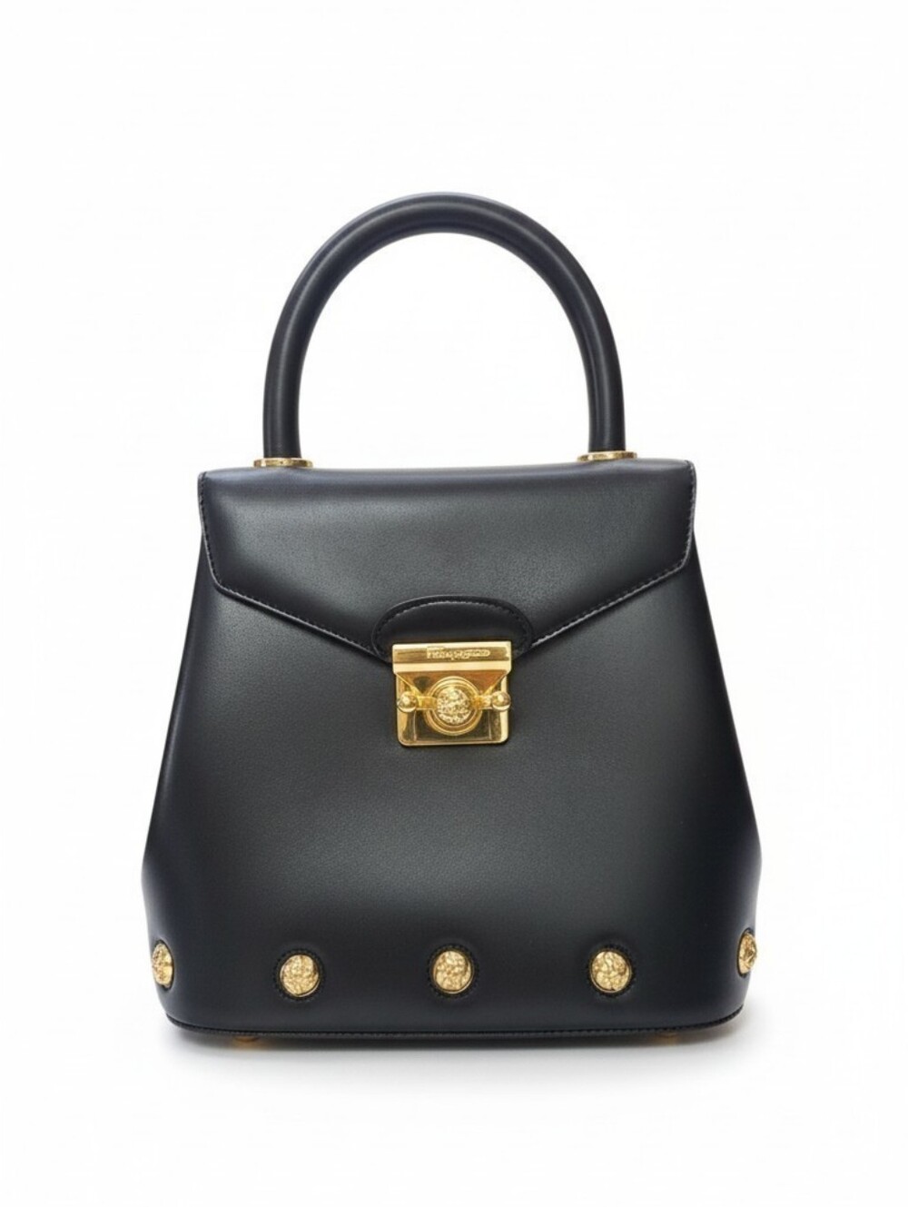 Vintage Salvatore Ferragamo Black Leather Top Handle Bag Gold Medallion Hardware